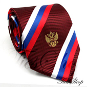 Узкий бордовый мужской галстук с гербом и российским флагом