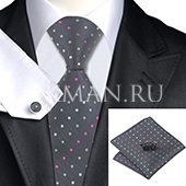 Подарочный набор (темно-серого цвета в горох - галстук, платок и запонки)