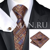 Подарочный набор (коричнево цвета галстук, платок и запонки) с рисунком