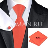 Подарочный набор (ярко-оранжевого цвета - галстук, платок и запонки)