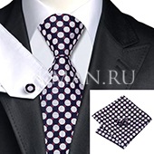 Подарочный набор (темно-синего цвета в белый горох галстук, платок и запонки)