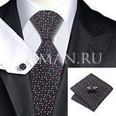 Подарочный набор (черного цвета в красно-белый горох - галстук, платок и запонки)