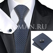 Подарочный набор (темно-синего  цвета с повторяющимся рисунком галстук, платок и запонки)