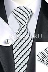 Подарочный набор (белые с черными полосками галстук, платок и запонки)