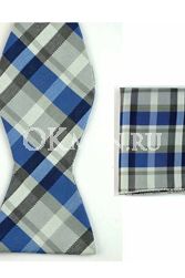 Серая бабочка-галстук с чёрными синими и серыми пересекающимися полосками + платок