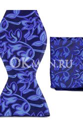 Синяя бабочка-галстук с цветочным узором + платок